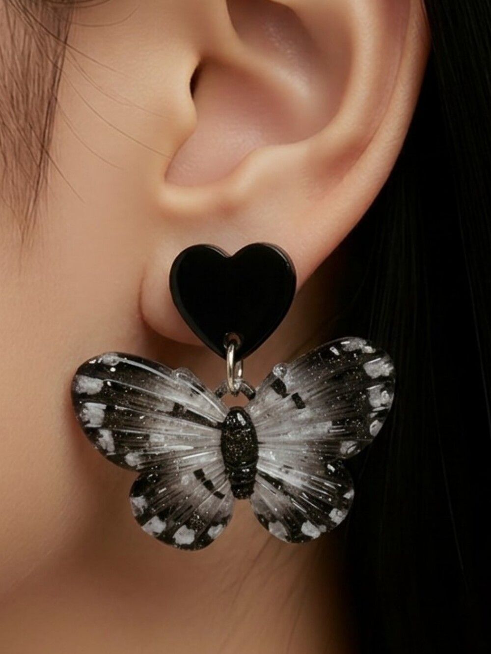 Black Butterfly Heart Earrings Acrylic Dangle Whimsigoth Gothic Noir Statement